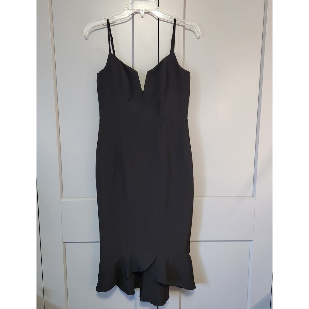 Bardot Plunging V-Neck Asymmetrical Ruffle Midi Dress Black 6 Aritzia Straps